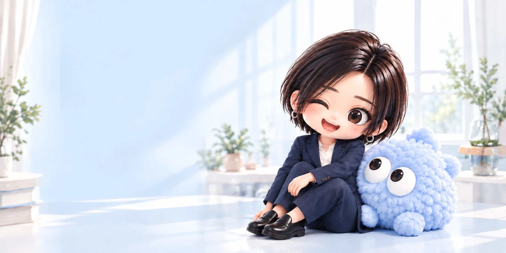 ショートヘアで紺のスーツを着たアキのキャラクターと、青いモフモフの仲間